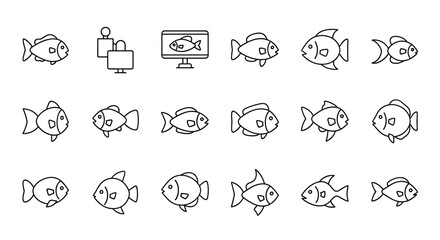 A collection of thin line icons depicting various fish species, presented as outline signs perfect for graphic and web design, app development, advertisements, and diverse card applications, rendered