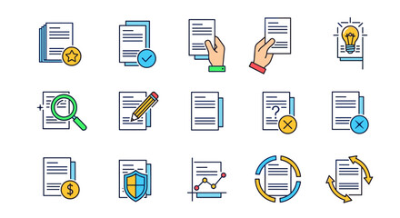 A vibrant collection of outline line icons representing various document and business-related concepts, including a star for favorites, a checkmark for completion, hands holding papers, a lightbulb
