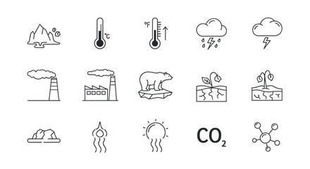 Global warming minimalistic line icons set, representing melting glaciers, rising temperatures, extreme weather, industrial pollution, polar bear on ice floe, drought, CO2 emissions, and molecular