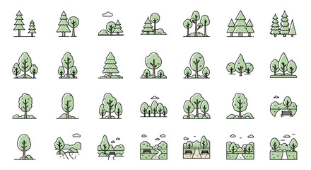 Collection of stylized, outline vector illustrations depicting various trees, forests, and park scenes with benches and pathways, perfect for web design, book illustrations, cards, and app graphics