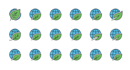 Set of 15 minimalistic icons and pictograms representing the Earth or Globe with a green leaf, symbolizing nature, ecology, environment, and sustainability. These versatile vector graphics are