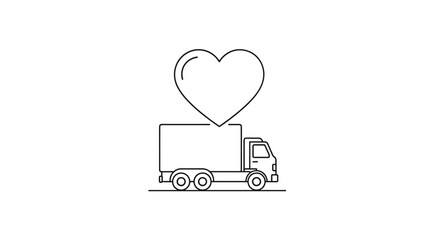 Isolated line art icon of a delivery truck with a large heart symbol above its cargo area, symbolizing love, care, and affection in logistics and delivery services, perfect for apps and graphic