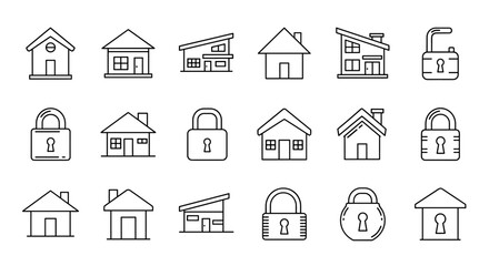 Collection of simple linear outline icons representing houses and locks, featuring editable strokes, perfect for websites, books, cards, and apps, presented as vector cartoon illustrations with a