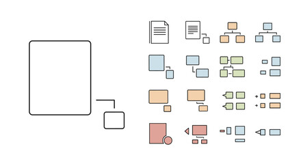 Collection of simple linear hierarchy and organizational chart outline icons with editable strokes, suitable for web, books, cards, and apps, presented as vector cartoon illustrations on a white