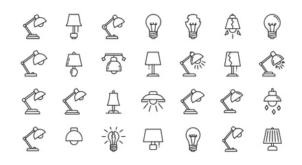 A comprehensive collection of line art icons featuring various types of lamps and light bulbs, including desk lamps, table lamps, pendant lights, and broken bulbs, presented in a clean, modern