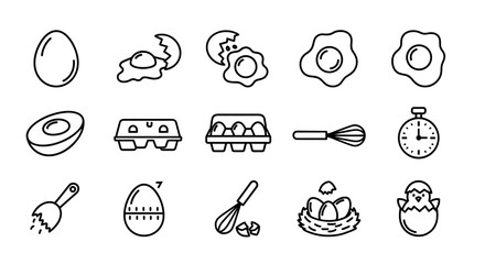 Collection of outline icons representing eggs and related cooking elements, perfect for infographics, articles, books, flyers, and banners. Includes whole eggs, cracked eggs, fried eggs, egg cartons