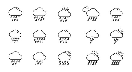 Collection of linear outline icons representing various weather conditions including rain, thunderstorms, and partly cloudy skies with sun, perfect for graphic and web design, apps, adverts, and
