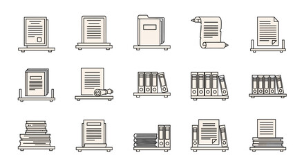 Collection of Shelved Documents and Folders, Vector Outline Illustration with Editable Stroke, Perfect for Infographics, Articles, Books, Flyers, Banners, and Presentations, Clean and Modern Design