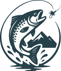 Fishing Concept Vector Monochrome Leaping Trout with Fly in Minimal Style