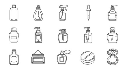 Collection of cosmetic bottles and containers in a clean, minimalist line art style, perfect for graphic design, app icons, and web elements. Includes various types like spray bottles, pump