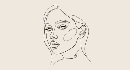 Minimalist line art illustration of a woman's face in a stylized and abstract manner, featuring elegant curves and a neutral color palette, perfect for modern design and sophisticated branding