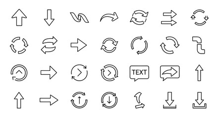 A comprehensive collection of 30 unique arrow icons in a clean, modern outline style, perfect for graphic design, web development, app interfaces, and digital advertising, featuring directional