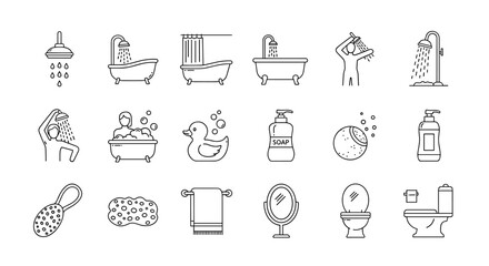 Collection of Shower and Bathtub Related Line Icons, Outline Signs for Graphic and Web Design, Apps, Advertisements, Various Cards, Vector Cartoon Illustration with a Clean and Modern Aesthetic