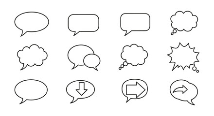 A collection of twelve diverse, minimalistic linear speech bubble icons, including standard shapes, cloud-like thought bubbles, and directional arrows, perfect for web design, app interfaces, social