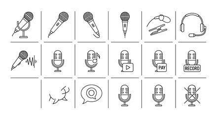 Set of microphone-related line icons, outline signs for graphic and web design, apps, adverts, various cards, vector cartoon illustration. Includes microphones on stands, with sound waves, music