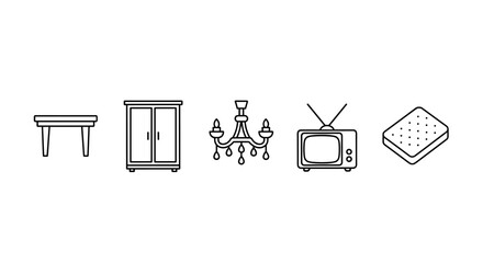 A clean, minimalist vector outline collection featuring essential home furniture and electronics: a simple table, a double-door closet, a classic chandelier, an old-fashioned television set with an