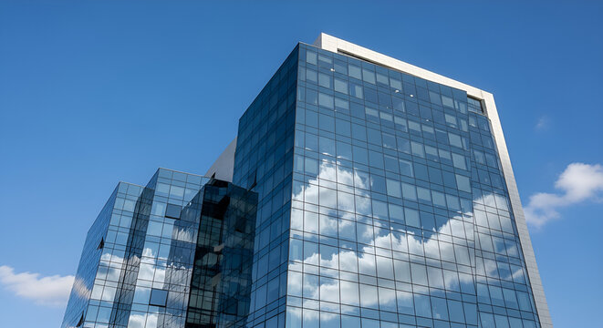 Modern glass skyscraper reflecting blue sky and white clouds