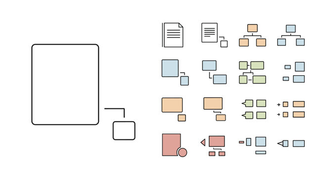 Collection of simple linear hierarchy and organizational chart outline icons with editable strokes, suitable for web, books, cards, and apps, presented as vector cartoon illustrations on a white