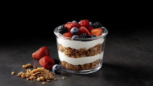 Refreshing Homemade Yogurt Parfait with Mixed Berries and Granola on a Dark Background.
