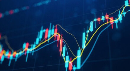 Abstract financial stock market chart with candlesticks and moving averages on dark blue background