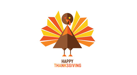 Cute geometric turkey with colorful fanned tail feathers and happy thanksgiving text on a white background