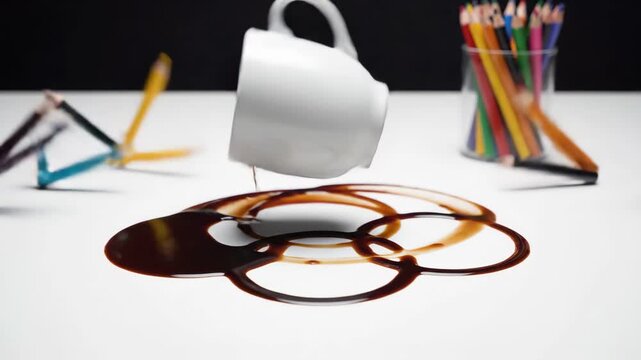 Coffee spills into artistic shapes on the table, surrounded by colorful pencils. A white cup tips over, creating an inspiring moment filled with creativity and fun during a sunny afternoon.