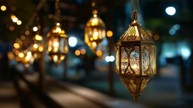 Defocused image of ornate lanterns glowing during Ramadan nights, creating an ethereal pattern of light and shadow, with copy space.