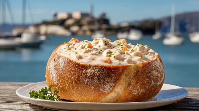 Delicious Clam Chowder in Sourdough Bread Bowl with Iconic San Francisco Bay View.