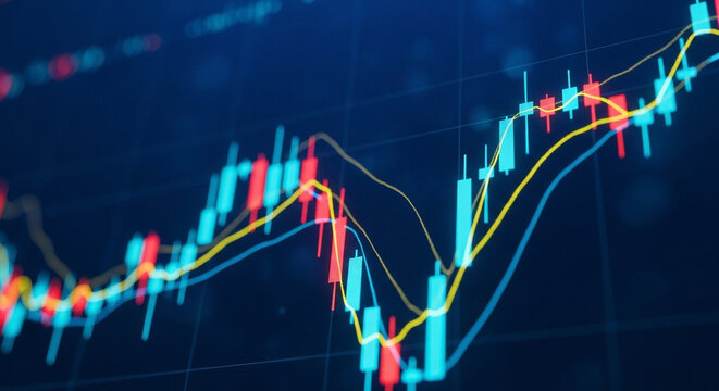 Abstract financial stock market chart with candlesticks and moving averages on dark blue background