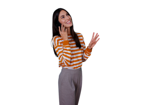 Young woman happily talking on cell phone, having a cheerful conversation, smiling while gesturing, transparent background - Powered by Adobe