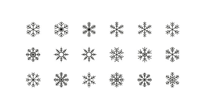 Set of minimalistic linear snowflake icons with editable stroke, perfect for winter-themed designs, cards, apps, banners, and social media posts. This vector cartoon illustration features a