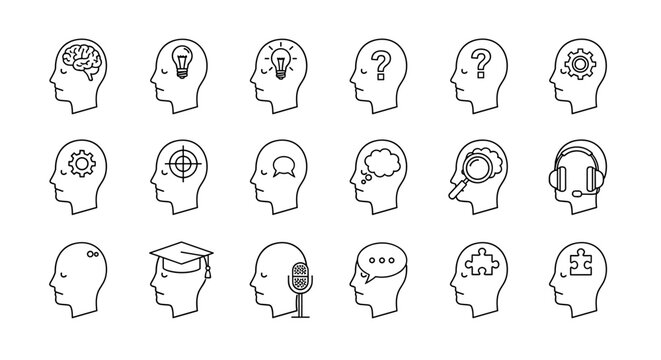 Set of Various Items in Head Related Line Icons: Outline Signs for Graphic and Web Design, Apps, Advertisements, Various Cards, Vector Cartoon Illustration. This collection features diverse symbols