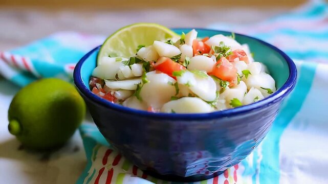 Freshly prepared seafood ceviche salad with vibrant ingredients and a zesty lime garnish.