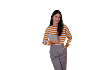 Professional woman smiling, holding tablet with hand in pocket, wearing striped sweater, transparent background
