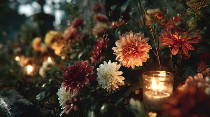 Grave Decoration with Lit Votive Candle and Chrysanthemums, Autumnal Day Ligt, All Saints' Day and All Souls' Day in Poland, Day of the Dead Memorial Tradition, Honoring the Dead.