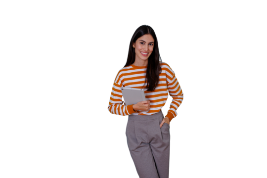 Professional woman smiling, holding tablet with hand in pocket, wearing striped sweater, transparent background