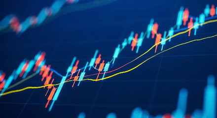 Financial Stock Market Candlestick Chart with Moving Averages on Blue Background