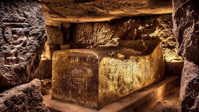 Golden Sarcophagus Adorned with Ancient Hieroglyphs Resting Inside a Dimly Lit Egyptian Tomb.