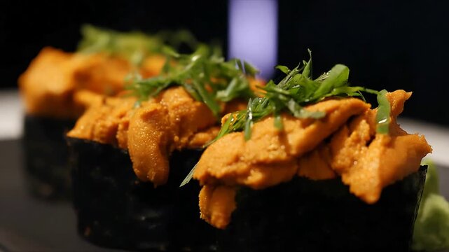 Close Up Shot of Fresh Uni Gunkan Sushi with Sea Urchin and Green Garnish.