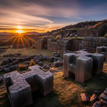 Ancient Inca Crosses at Sunset in Raqchi, Peru.