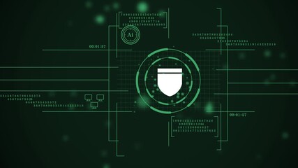 the future of data protection: a high-tech hud animation. sci-fi background with a glowing shield and ai data analysis. digital cybersecurity interface with a green "all clear" and data codes. - Powered by Adobe