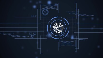 cybersecurity hud with fingerprint scan & ai processing animation. sci-fi background with a glowing fingerprint scanner & data codes. digital security interface with biometric data & network analysis. - Powered by Adobe