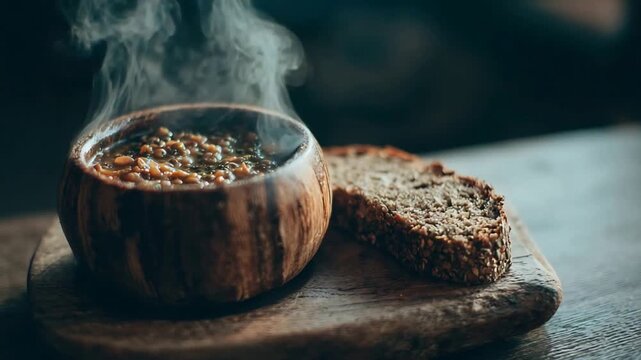 Warm and Comforting Steaming Bowl of Hearty Lentil Soup with Rustic Artisan Bread.