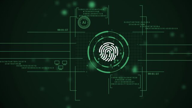 digital security interface with biometric data & network analysis. cybersecurity hud with fingerprint scan & ai processing animation. sci-fi background with a glowing fingerprint scanner & data codes. - Powered by Adobe