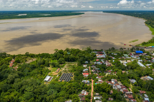 puerto narino amazonas aerial panorama landscape of amazon river and river boats houses