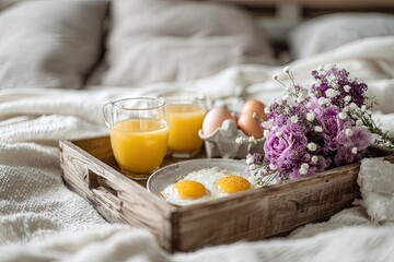 Breakfast in Bed: A delicious tray of breakfast treats, including eggs, juice, and flowers, rests elegantly on a cozy bed, perfect for a relaxing morning.