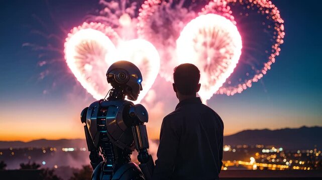Couple silhouette &mdash; one human, one AI robot &mdash; watching holographic fireworks shaped like a heart