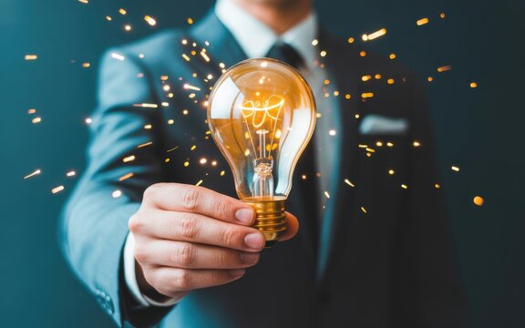 Man holding a glowing light bulb symbolizing a new idea or innovation