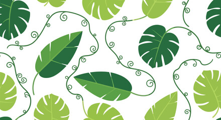 Seamless tropical jungle leaf pattern: green monstera banana leaves, swirling vine background.