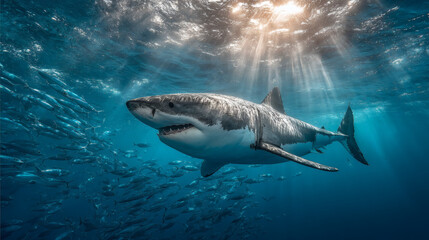 Fototapeta premium Great white shark surrounded by other sharks in ocean depths
